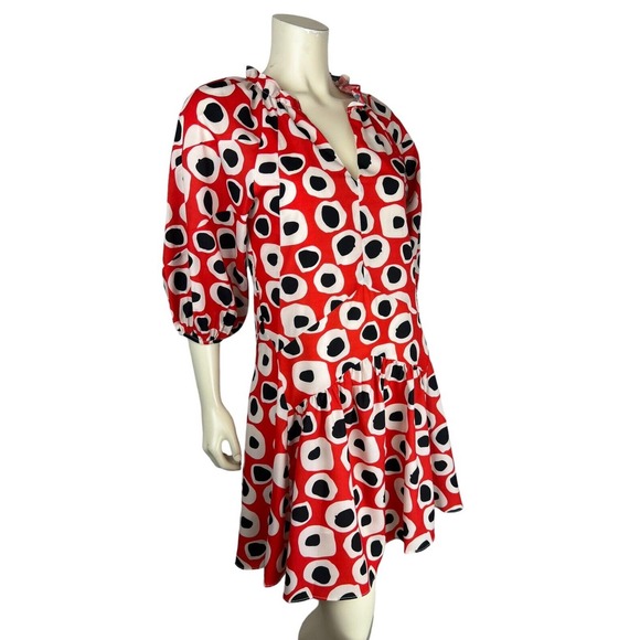 NEW Rodner Figueroa Puff Sleeve Dress XS Ruffle Mini Red Dot Geometric Print - Picture 2 of 12